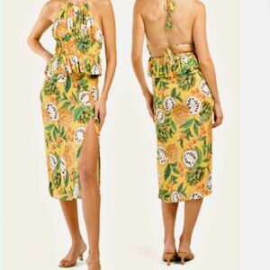 FARM RIO Biriba Halter Open Back Midi Dress with Slit in Yellow Multi Size M